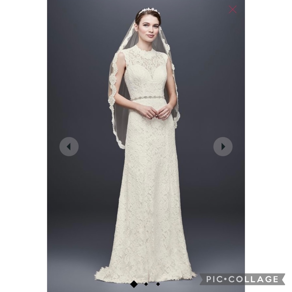David’s Bridal lace cap sleeve sheath sample wedding dress